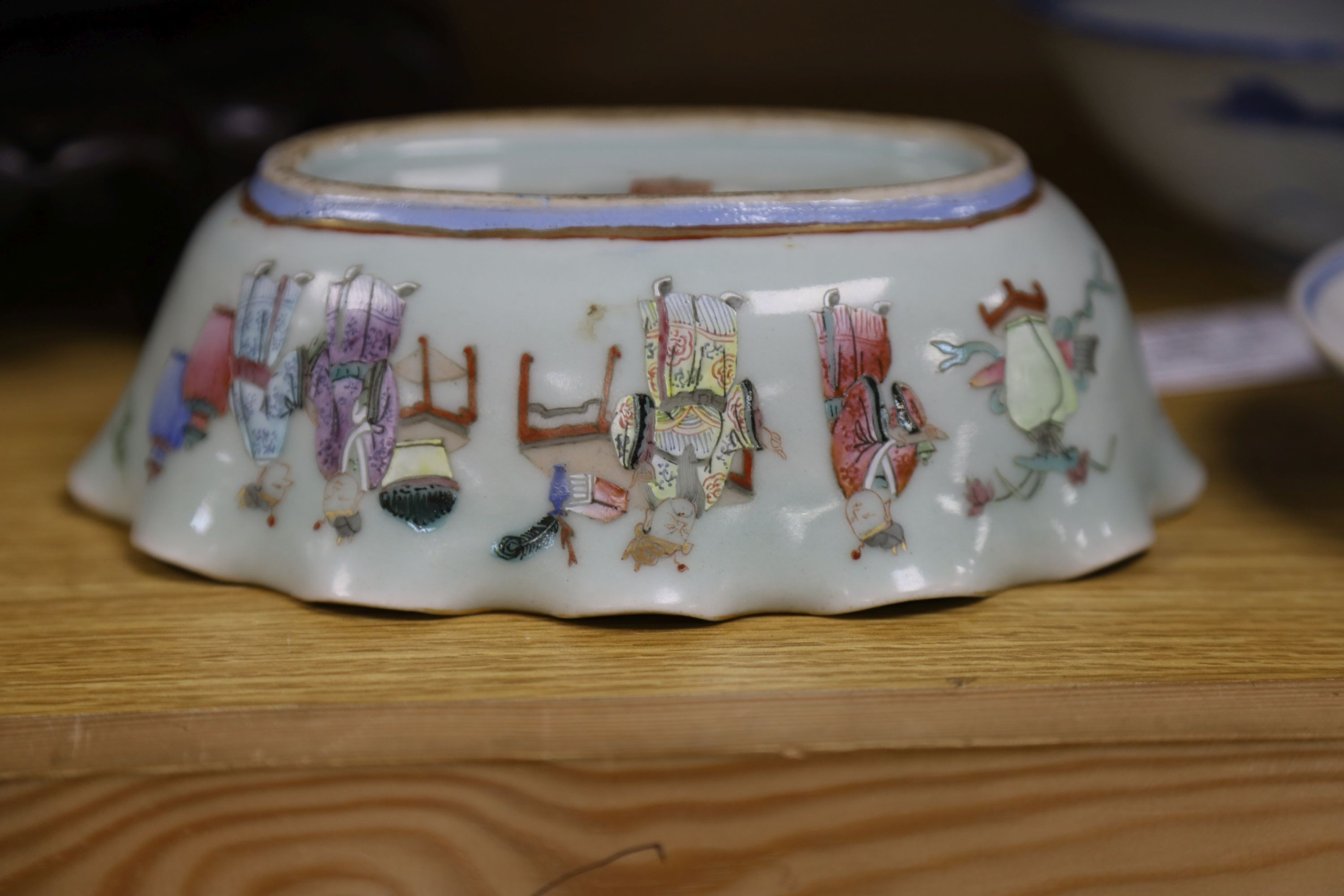 A large early 20th century Chinese cloisonné enamel ‘dragon’ bowl and two Chinese Tongzhi celadon ground famille rose bowls 31cm